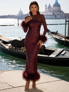 Sequin Sheath Crew Neck Formal Dresses with Natural Feather Fringe Hem