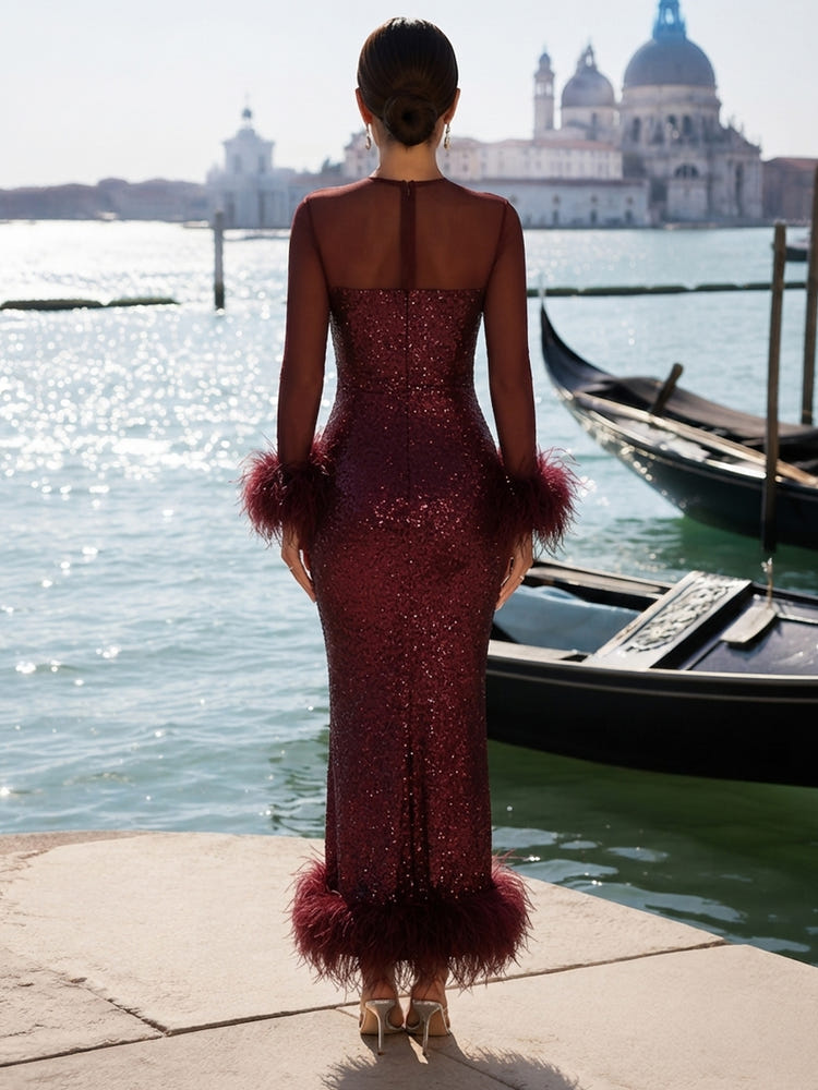 Sequin Sheath Crew Neck Formal Dresses with Natural Feather Fringe Hem