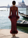 Sequin Sheath Crew Neck Formal Dresses with Natural Feather Fringe Hem