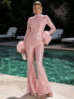Sequin High Neck Formal Pantsuit with Feathers