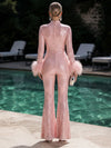 Sequin High Neck Formal Pantsuit with Feathers