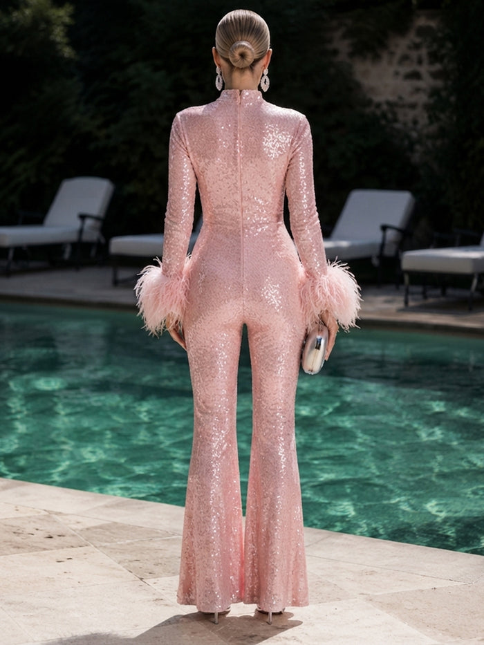 Sequin High Neck Formal Pantsuit with Feathers