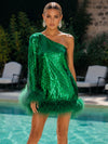 Sequin Sheath One Shoulder Formal Dresses with Natural Feather Fringe Hem