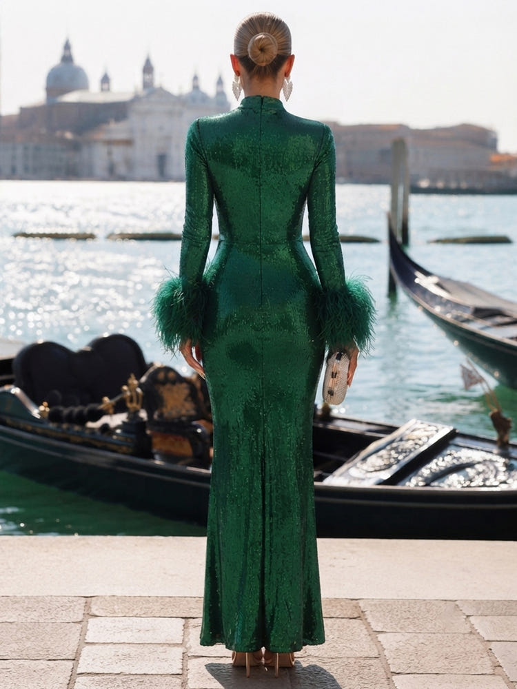 Sequin Bodycon High Neck Formal Dresses with Keyhole