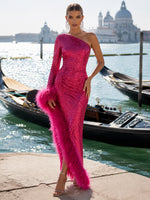 Sequin Bodycon One Shoulder Formal Dresses with Natural Feather Fringe Hem