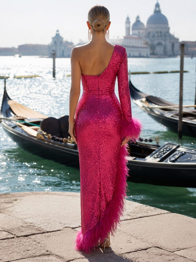 Sequin Bodycon One Shoulder Formal Dresses with Natural Feather Fringe Hem