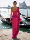Sequin Bodycon One Shoulder Formal Dresses with Natural Feather Fringe Hem