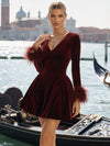 Velvet A-Line V Neck Formal Dresses with Feathers