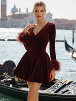 Velvet A-Line V Neck Formal Dresses with Feathers