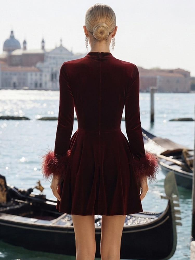 Velvet A-Line V Neck Formal Dresses with Feathers