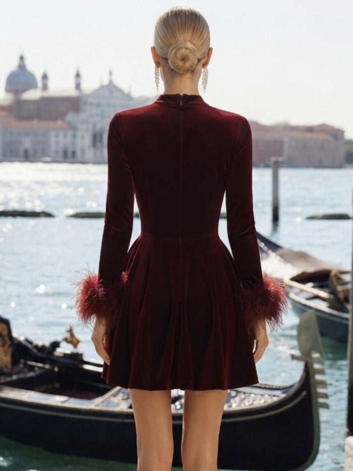 Velvet A-Line V Neck Formal Dresses with Feathers