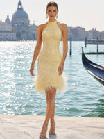 Sequin Sheath Halter Formal Dresses with Feathers