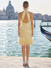 Sequin Sheath Halter Formal Dresses with Feathers