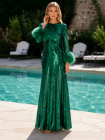 Sequin A-Line Boat Neck Formal Dresses with Feathers