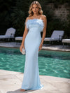 Satin Mermaid Strapless Formal Dresses with Feathers