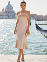 Sequin Mermaid Strapless Formal Dresses with Feathers
