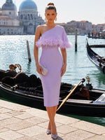 Satin Bodycon One Shoulder Formal Dresses with Feathers