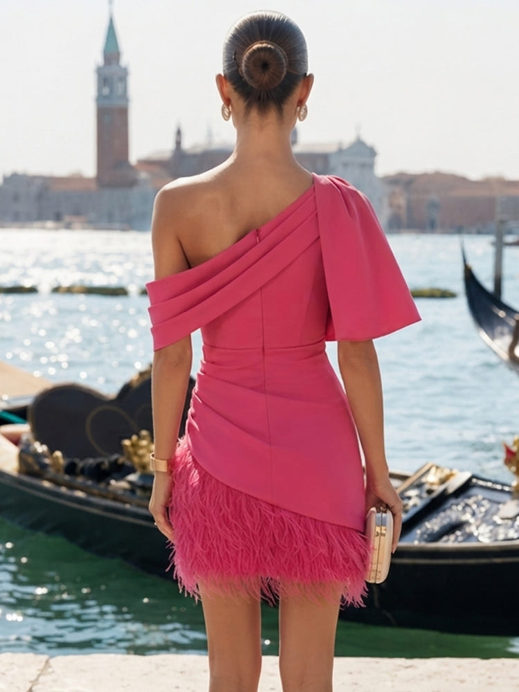 Satin Bodycon One Shoulder Formal Dresses with Pleated
