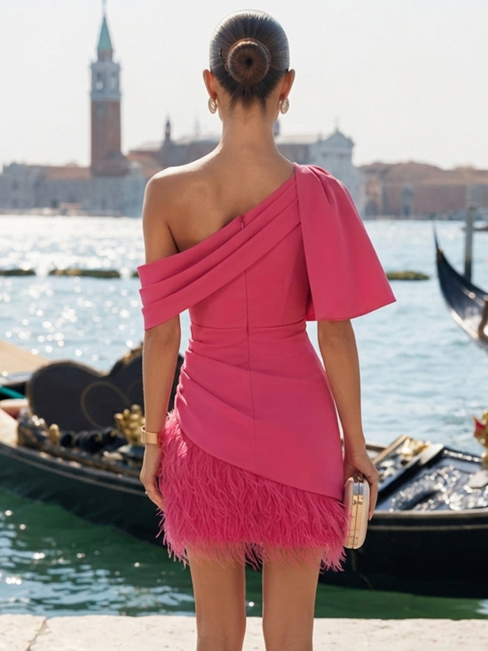 Satin Bodycon One Shoulder Formal Dresses with Pleated