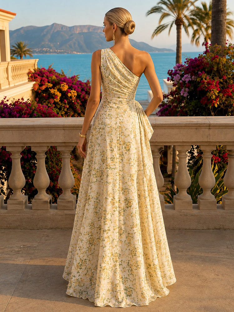 Chiffon A-Line One Shoulder Pleated Formal Dresses with Ruffles