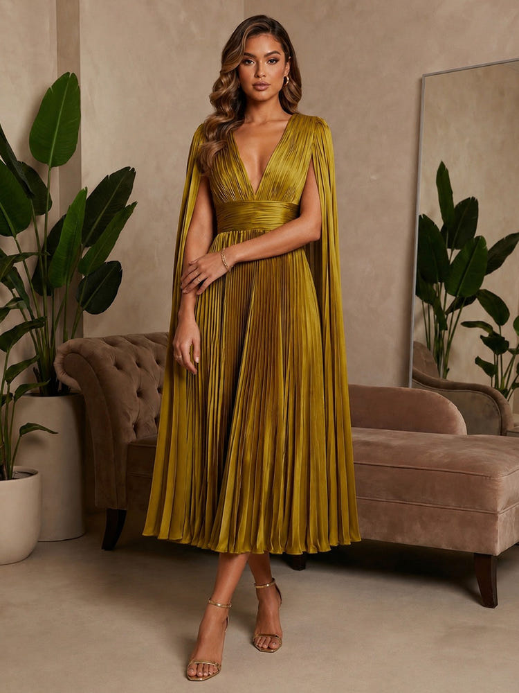 V-Neck Pleated Metallic Foil Chiffon A-Line Formal Dresses with Sash