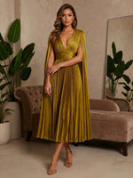 V-Neck Pleated Metallic Foil Chiffon A-Line Formal Dresses with Sash