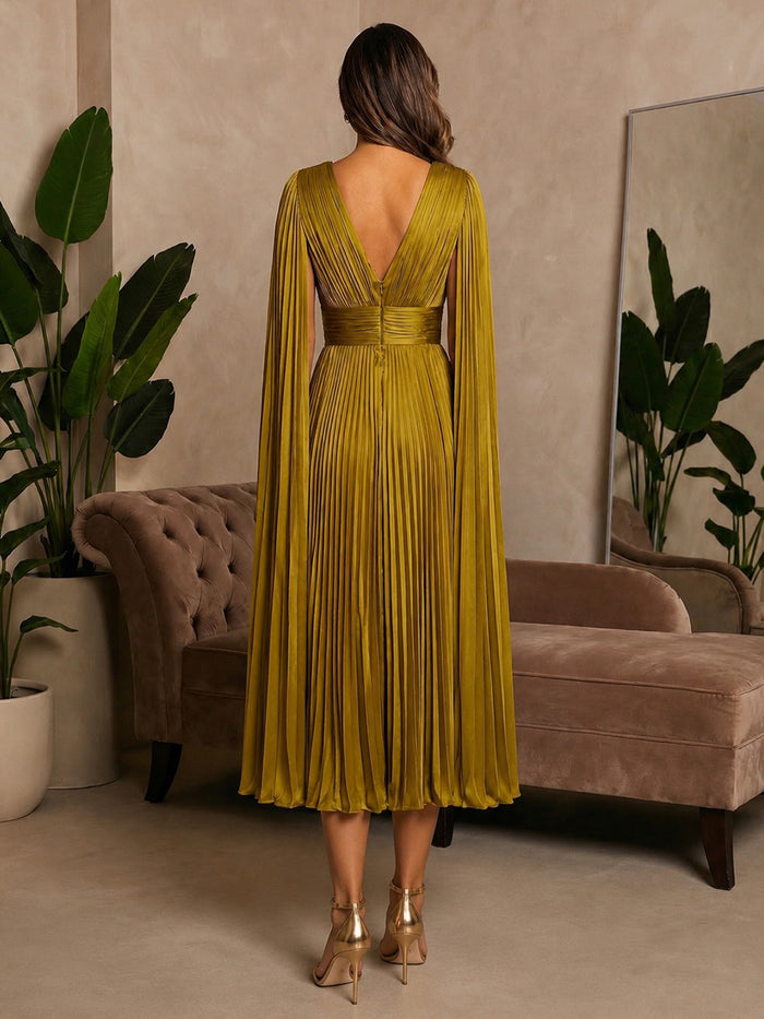 V-Neck Pleated Metallic Foil Chiffon A-Line Formal Dresses with Sash