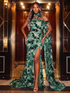 Burnout Velvet Mermaid Halter Evening Dresses with Side Waist Ruched Shaping Detail