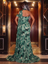 Burnout Velvet Mermaid Halter Evening Dresses with Side Waist Ruched Shaping Detail
