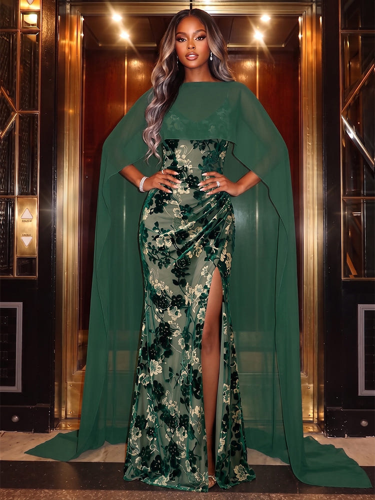 Burnout Velvet Mermaid V Neck Evening Dresses with Sheer Chiffon Flowing Cape