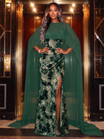 Burnout Velvet Mermaid V Neck Evening Dresses with Sheer Chiffon Flowing Cape