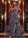 Burnout Velvet A-Line V Neck Evening Dresses with Pleated