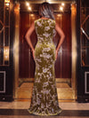 Burnout Velvet Mermaid Crew Neck Evening Dresses with Decorative Metal Clasp At Slit Top