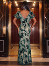 Burnout Velvet Mermaid V Neck Evening Dresses with Vintage Two-Tone Floral Motif