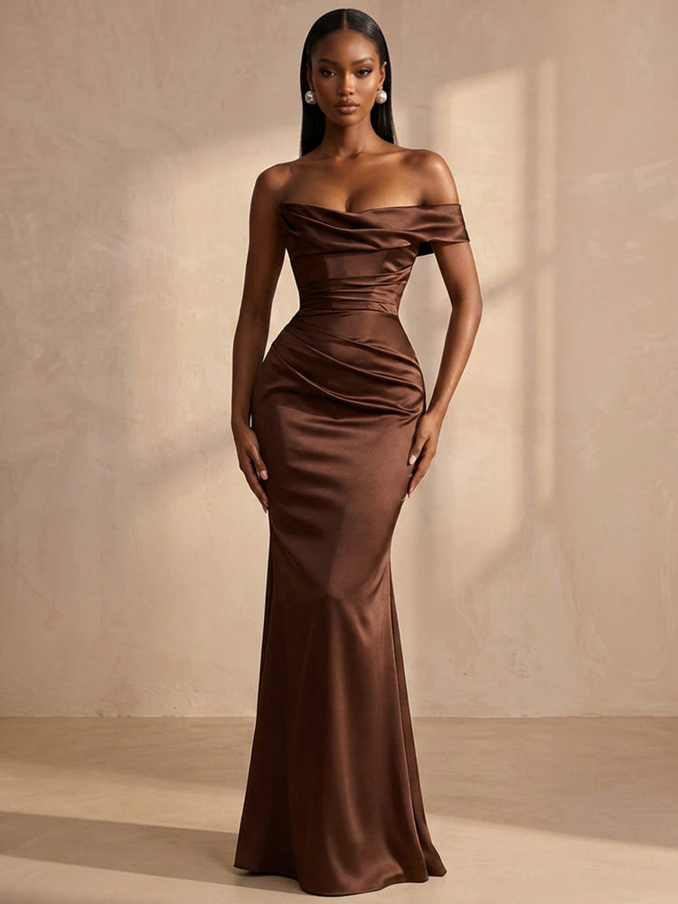 Satin Mermaid Off Shoulder Formal Dresses with Waist Horizontal Ruched Design