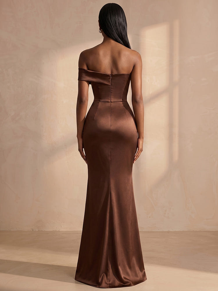Satin Mermaid Off Shoulder Formal Dresses with Waist Horizontal Ruched Design