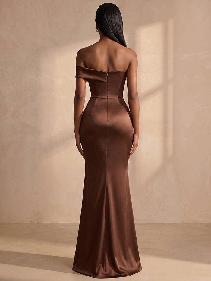Satin Mermaid Off Shoulder Formal Dresses with Waist Horizontal Ruched Design
