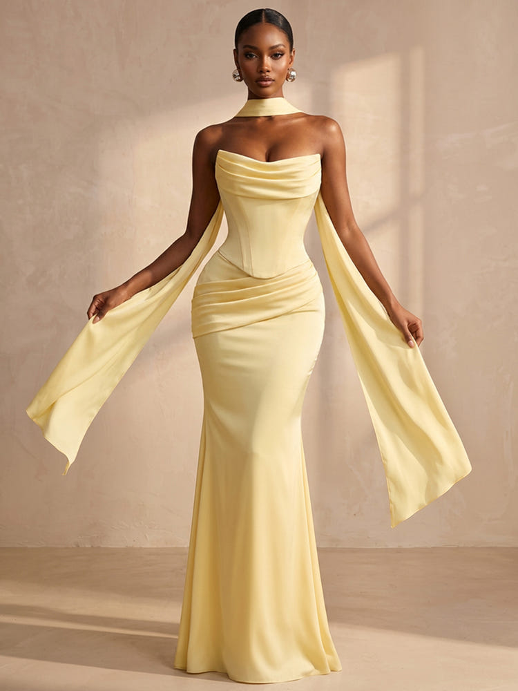 Satin Mermaid Strapless Formal Dresses with Scarf