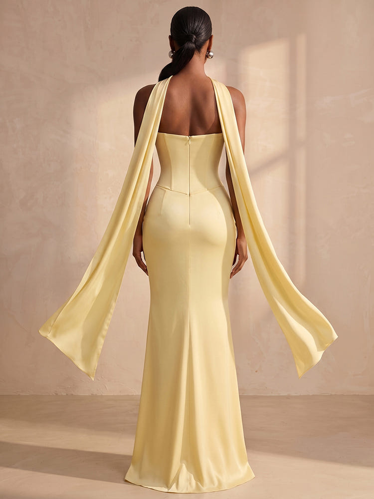 Satin Mermaid Strapless Formal Dresses with Scarf