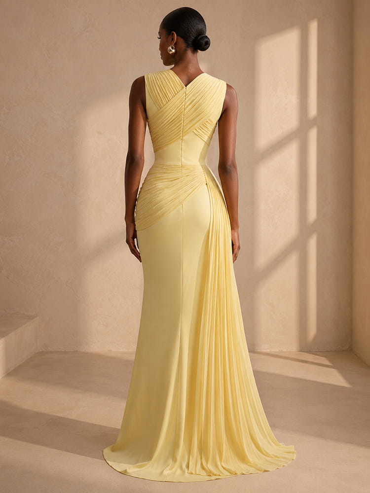 Chiffon Mermaid Cross‑Draped Neckline Formal Dresses with Pleated Side Sash