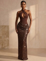 Sequin Mermaid Halter Formal Dresses with Keyhole