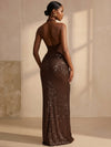 Sequin Mermaid Halter Formal Dresses with Keyhole