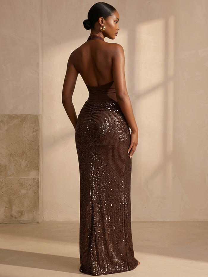 Sequin Mermaid Halter Formal Dresses with Keyhole