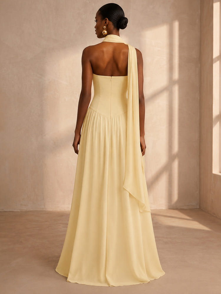 Chiffon A-Line Strapless Formal Dresses with Scarf