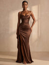 Satin Mermaid Halter Formal Dresses with Side Waist Ruched Shaping Detail