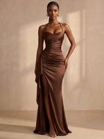 Satin Mermaid Halter Formal Dresses with Side Waist Ruched Shaping Detail