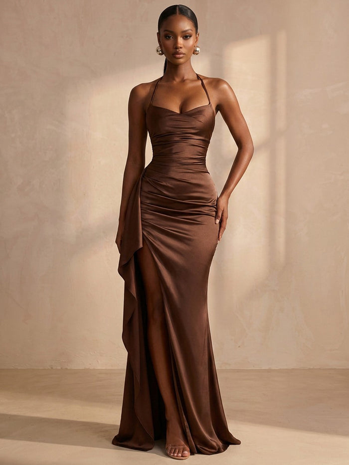 Satin Mermaid Halter Formal Dresses with Side Waist Ruched Shaping Detail