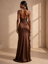 Satin Mermaid Halter Formal Dresses with Side Waist Ruched Shaping Detail