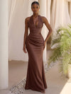 Satin Mermaid Halter Formal Dresses with Deep V Neck
