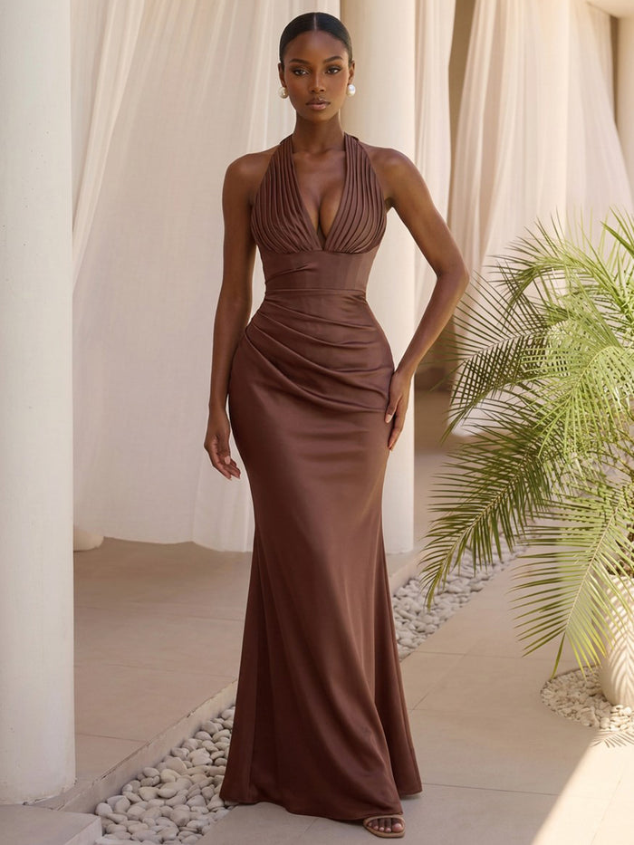 Satin Mermaid Halter Formal Dresses with Deep V Neck